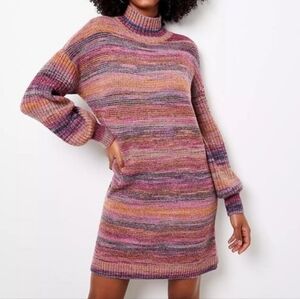 Loft | Rainbow Striped Space Dye Marled Mock Neck Balloon Sleeve Sweater Dress